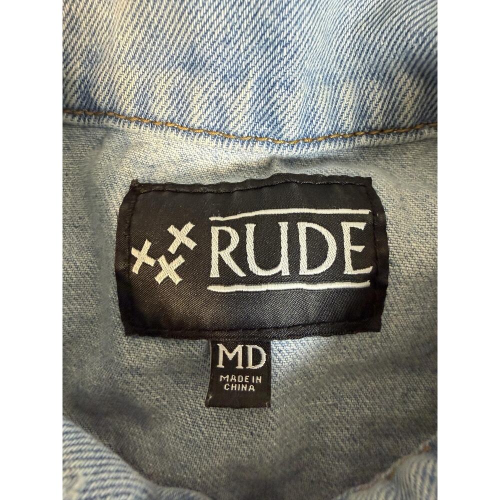 RUDE Jacket Mens M Blue Biker Denim Distressed Collared Button Pockets - Picture 3 of 10